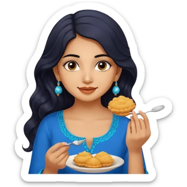 a pretty tan indian bratz girl with wavy long BLACK hair. eyeliner on, wearing a blue kurti, eating golgappa. NO SPOON sticker