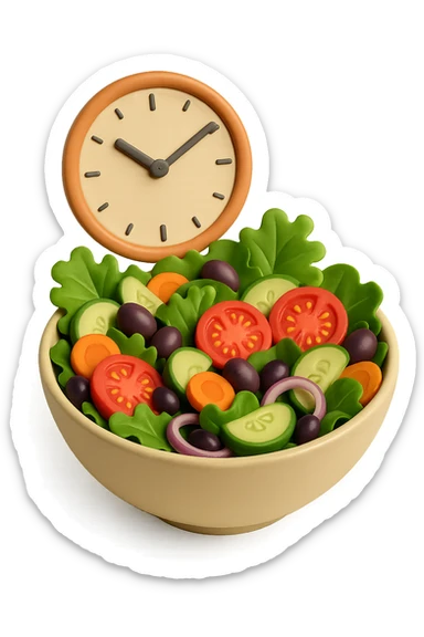 bowl con insalatona e orologio che le fluttua dietro che simboleggia una cena fatta in ritardo in 3d sticker