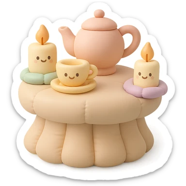 stump table with tea set and candles, kawaii cottagecore vibes, pastel colors, cushion style sticker