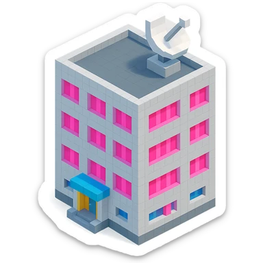 modern Russian panel apartment building, square block, light gray, bright pink windows, detailed entrance, large satellite TV dish on roof, isometric view sticker