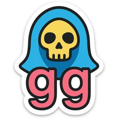 grim reaper head with 'gg' text, color outline icon style sticker