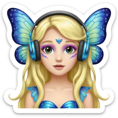 long haired make glitter makeup fairy wearing headpones wing butterfly wings  sticker