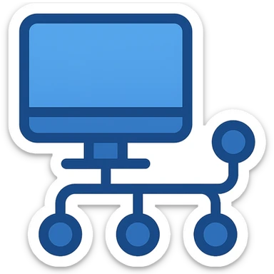 Transform the icon into a Device Manager icon in a minimalistic, flat blue style consistent with previous icons. Use almost exclusively shades of blue for the computer and connected nodes, with clean, simple lines. Prioritize clarity, recognizability, and consistency with the other icons. Use a fully transparent background with minimal use of other colors. sticker