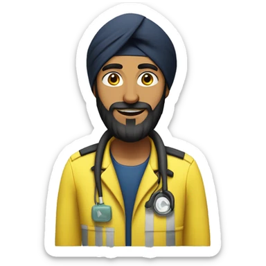 Skinny sikh man with beard wearing a black turban and a yellow paramedic jacket sticker