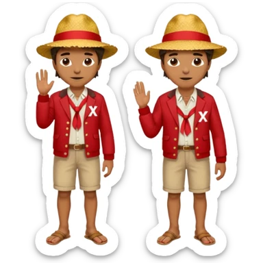 Make a guy with a straw hat and the hat has a red rebin and a red jacket and sandals and a x on he's chest sticker
