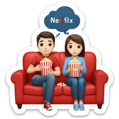 Crea un emoji dove un uomo e una donna mangiano i pop corn su un divano e guardano la tv, nella tv ci deve essere scritto netflix sticker