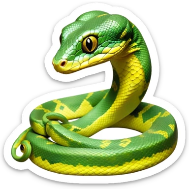 cinematic-green tree python-realistic-full-body-coiled-emoji,-thick-scaled-body-looped-tightly,-intricate-tellow and green-patterned-scales-reflecting-light,-head-tilted-dramatically,-slitted-eyes-staring-calmly,-simplified-yet-realistic-focused-feature sticker