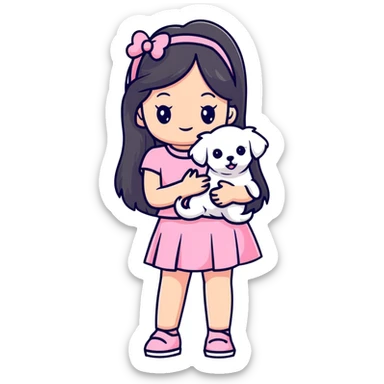 beautiful girl with long hair in pink top and skirt holding a small white Maltese puppy sticker