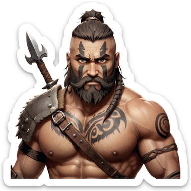 Clash of Clans aesthetic: Cinematic Rugged Barbarian Portrait Emoji, Intense and formidable with a heavily muscled physique, a rugged beard, piercing eyes, and battle-worn armor adorned with tribal markings, his expression fierce and resolute, Simplified yet powerfully detailed features, highly detailed, glowing with a deep, primal energy, high shine, gritty and uncompromising, stylized with an air of raw, untamed power, focused and determined, soft glowing outline, capturing the essence of a barbarian warrior carved by countless battles and poised to lead his clan into epic conflict! sticker