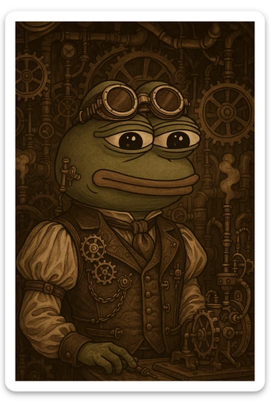 Pepe the Frog as a steampunk inventor, goggles, gears, Victorian outfit sticker