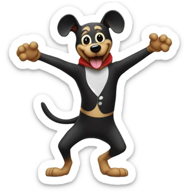 Dog wearing a Mickey Mouse costume doing a hand stand sticker