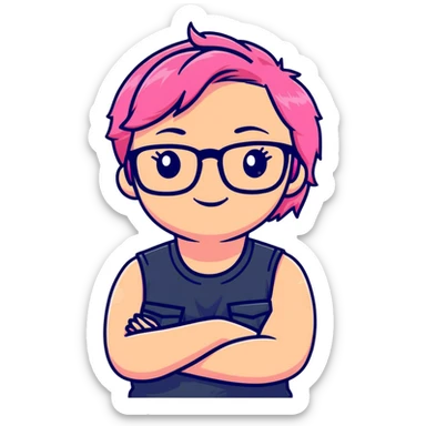 Pink-haired girl with glasses crossing her arms with a slight smirk sticker