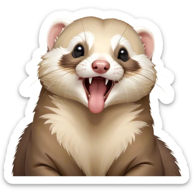 Cinematic Cute Yawning Ferret Portrait Emoji, Head tilted slightly with an exaggerated, wide-open yawn, showcasing a long, flexible body with a plush coat in soft brown and cream, droopy, drowsy eyes, and a relaxed expression, Simplified yet irresistibly endearing features, highly detailed, glowing with a soft, cozy natural glow, high shine, relaxed yet expressive, stylized with a dash of whimsical charm, soft glowing outline, capturing the essence of a sleepy yet affectionate ferret that seems ready to curl up for a nap! sticker