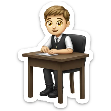 European schoolboy sitting at desk, working at computer sticker