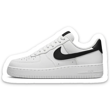 Nike sneaker, classic style, white and black colorway, side view, minimal background sticker