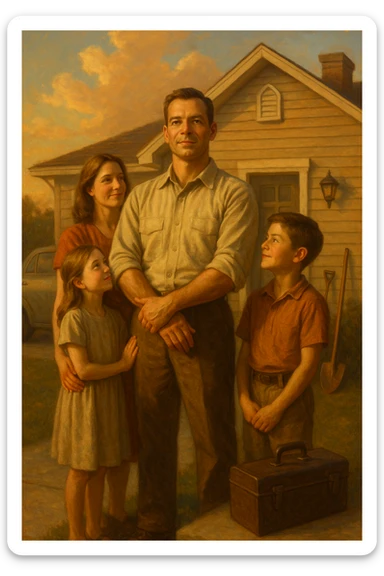 Uomo tra i 35 e i 45 anni, in piedi con postura fiera davanti alla sua casa, circondato dalla famiglia: moglie e figli lo guardano con rispetto e affetto. Indossa abiti semplici ma ordinati, simbolo di lavoro e stabilità (camicia, pantaloni, magari una cassetta degli attrezzi o una valigetta vicino). Sullo sfondo elementi che richiamano i suoi ruoli: casa ordinata, auto familiare, strumenti di lavoro, simboli di protezione e presenza. Espressione serena, forte ma accogliente. Colori caldi, luce naturale del tramonto. Stile realistico, atmosfera rassicurante e simbolica sticker