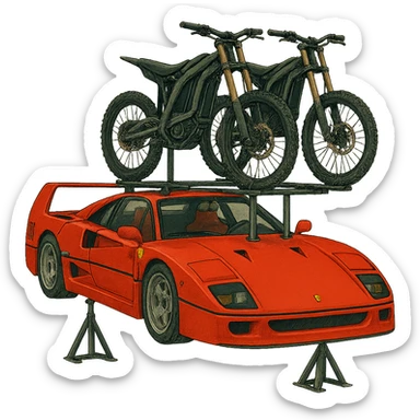 Replace the motorcycle with two Sur-Ron electric bikes mounted on a roof rack on the stylized Ferrari F40. Keep the background transparent. sticker