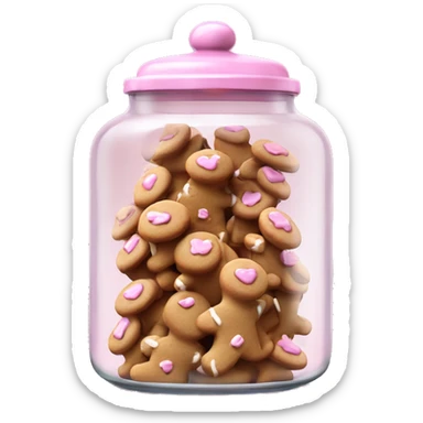 Realistic glass cookie jar with light pink lid full of gingerbread cookies isolated.  sticker