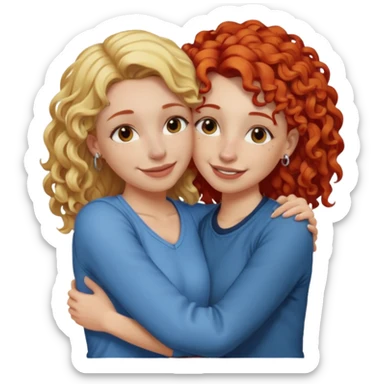 A woman with straight, blonde hair and a nose piercing and a woman with curly red hair and a nose piercing are hugging and smiling together. sticker