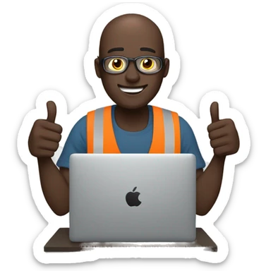 man working on laptop. bald, dark skin, macbook, thumbs up on righ hand sticker