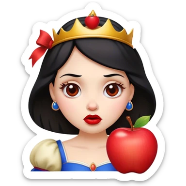 Cinematic Funny Snow White Portrait Emoji, Holding an apple with a suspicious expression, one eyebrow raised, lips pursed as if questioning her life choices, a hilariously relatable fairy tale moment! sticker