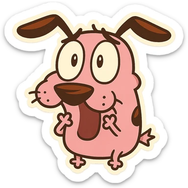 Courage the Cowardly Dog emoji, surprised expression, pink fur, floppy ears, cartoon style sticker