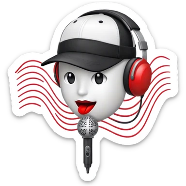 Create a dynamic and energetic emoji that represents beatboxing. The design should feature a stylized microphone with lips and baseball cap on it, sound waves emanating from it , symbolizing vocal percussion and rhythm. Add elements like headphones or a subtle speaker to emphasize the music production aspect. Use bold colors like black, white, and red to convey the intensity and creativity of beatboxing. The background should be transparent. sticker