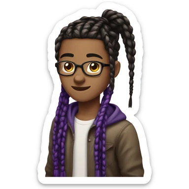 Brown teen nerd androginous boy with black and dark purple box braids showing near the eyes sticker