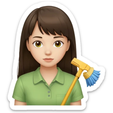 girl brunette with bangs long hair cleaning light green shirt sticker