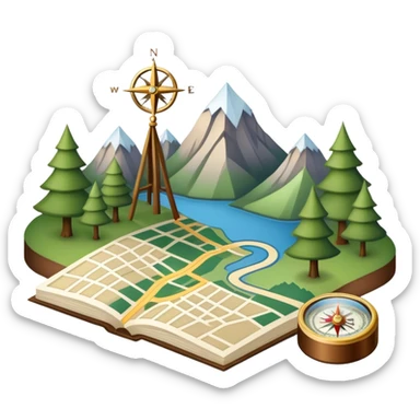 An icon featuring a local map, a compass, and regional landmarks, symbolizing local studies. The design includes a tree, mountains, and buildings, representing the unique geography and culture of a specific area. Transparent background highlights the exploration of local history and environment. sticker