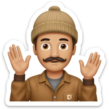 Woodworker thick mustache knit cap Carharttk shirt hand raised above head small eyes sticker