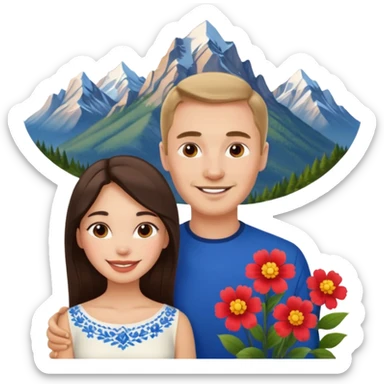 Couple traveling in Montenegro russian man and elegant  Latina girl delicate flowers and mountains in the background  sticker