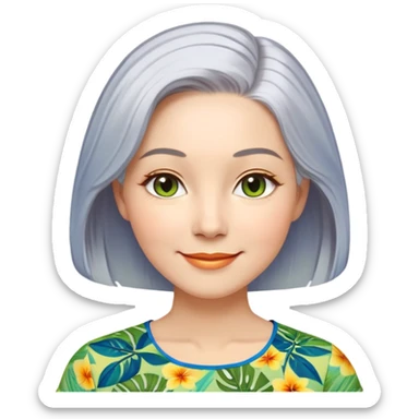 A woman with light complexion, oval face with soft rounded features, full cheeks, gentle almond-shaped eyes with subtle smile lines, longer back length silver-gray hair parted to the side, wearing a vibrant short-sleeved blouse with tropical print in blue, green, and yellow, exuding warmth and joy. sticker