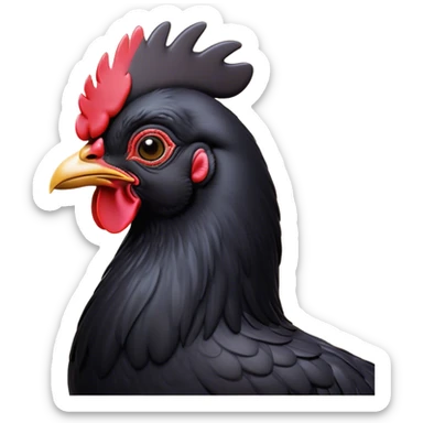 Cinematic Noble Black Chicken Portrait Emoji, Poised and regal, with a compact, sturdy build and a glossy, well-groomed pure black plumage, deep-set soulful beady eyes, Simplified yet sharp and sophisticated features, highly detailed, glowing with a soft, dignified glow, high shine, intelligent and alert, stylized with an air of mysterious elegance, focused and attentive, soft glowing outline, capturing the essence of a watchful and confident fowl, so majestic it feels as though it could strut out of the screen with effortless authority! sticker