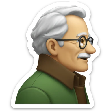 Old men in profile, gray hair, brown glasses on the nose, green coat sticker