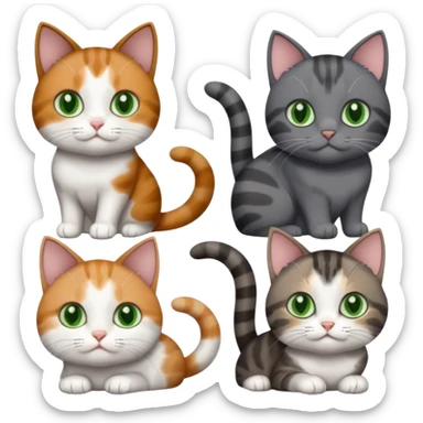 4 different coloured small cats including a dark grey and white, and a patchy calico, and a brown tabby and white,  and a completely solid dark grey with green eyes and only white paws sticker