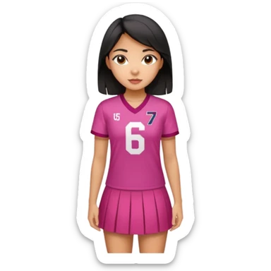 Hawaiian girl with black hair with dark pink highlights in hair with short skirt and jersey shirt number 67 sticker