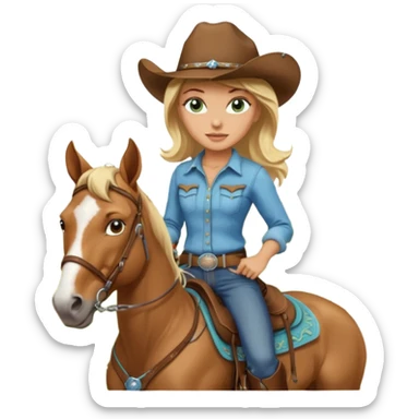 one blonde with light blue green eyes cowgirl on a quarter horse sticker