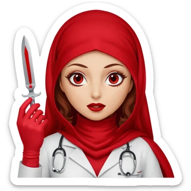 Lilith scalpel in hand, evil surgeon outfit.  She has red eyes. She has dark brown curly hair. Hair is long . Wears sexy doctor outfit with red gloves. Cover, neck and mouth with Muslim red burka sticker