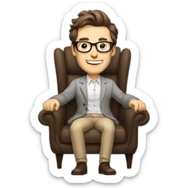 Joyful thrumbs up Pale skinned Fit Man With dark brown hair in gray jacket, beige office shirt, Brown pants and vintage glasses sitting In a soft chair sticker
