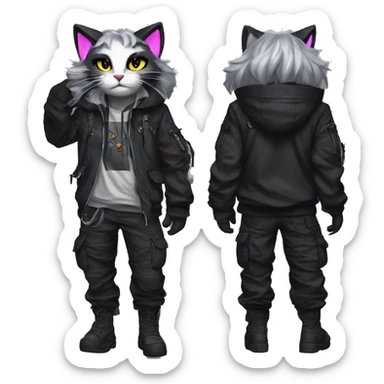Edgy Anthro cool pretty shiny dark cat-fursona techwear cargo pants hoodie sticker