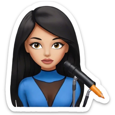 Glamours, tanned, very beautiful girl, with big pump peach-beige-rose lips, eyeliner, long long lashes, black straight smooth silky long hair, straight parting hair, blue-grey eyes, in totally black bodysuit  sticker