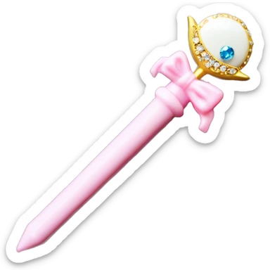 Sailor moon wand. Crescent moon on top with diamond in the crescent. Pink wand handle with little diamonds and small white wing motifs sticker