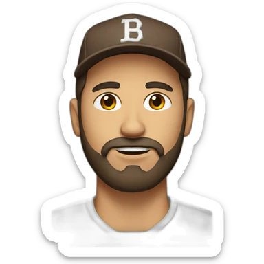 man with a beard, brown hair, brown eyes, flat brim baseball cap sticker