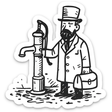 A victorian doctor with a street water pump in a dirty street sticker