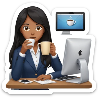 Secretary black long hair computer and drinking coffee sticker
