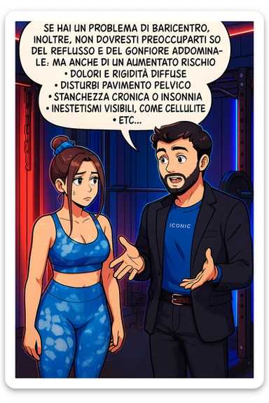 TRASFORMA QUESTO CAROSELLO IN UN FUMETTO STILE WEBTOON/MANGA A COLORI CON QUESTE DUE PERSONE IDENTICHE CHE INTERLOQUISCONO TRA LORO, L'uomo sta spiegando alla donna questo concetto:

Se hai un problema di baricentro, inoltre, non dovresti preoccuparti solo del reflusso e del gonfiore addominale, ma anche di un aumentato rischio di:
    • dolori e rigidità diffuse
    • disturbi pavimento pelvico
    • stanchezza cronica o insonnia
    • inestetismi visibili, come celluluite
    • etc… sticker