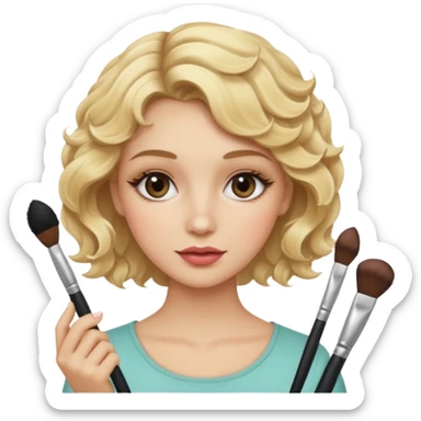 Blonde pretty girl with slightly Curly hair holding makeup brushes applying them to her face  sticker