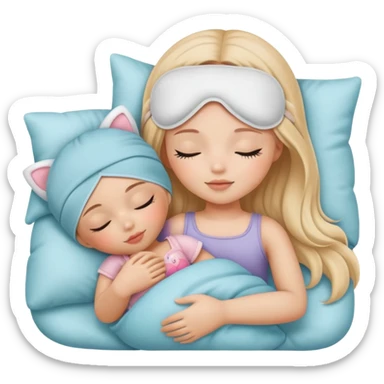 A girl Wearing a cute sleep mask is sleeping with a doll sticker