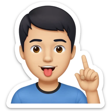 "Create a playful emoji of a young man with short black hair, wearing a blue shirt. He is winking with one eye, sticking out his tongue dramatically, and pointing to his forehead with one hand in a cheeky gesture.
 sticker